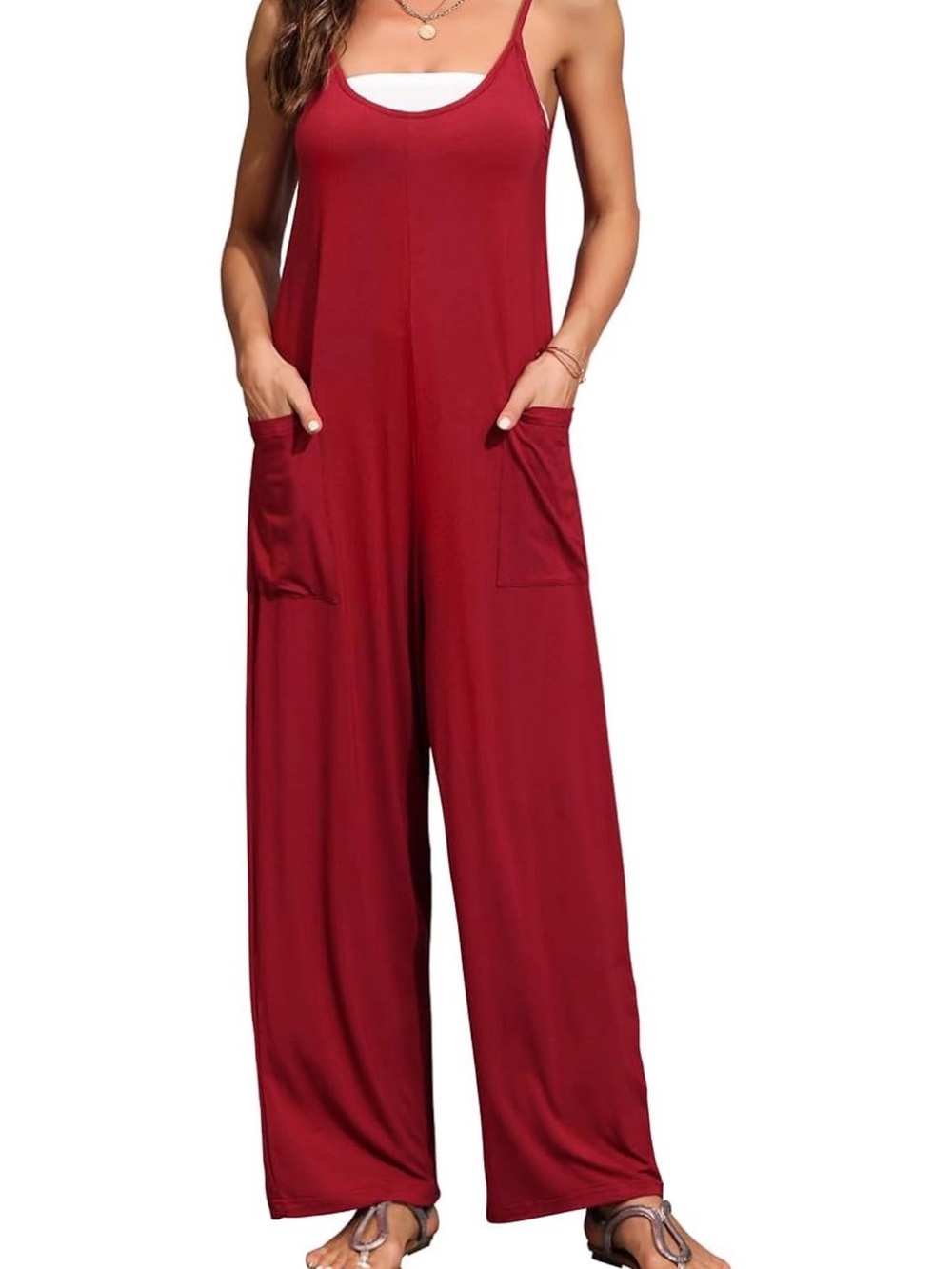 Sleeveless red Wide-Leg Jumpsuit with Front Pockets